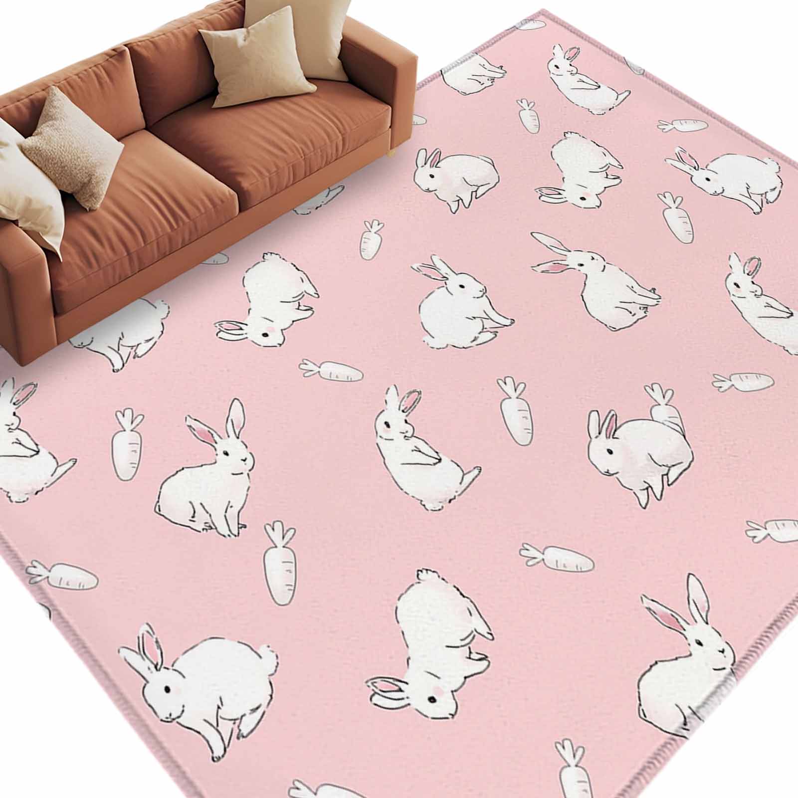 Pink Easter Rug Easter Rabbit Washable Area Rug 8 x 10 ft Cute White Bunny Carrots Pink ...