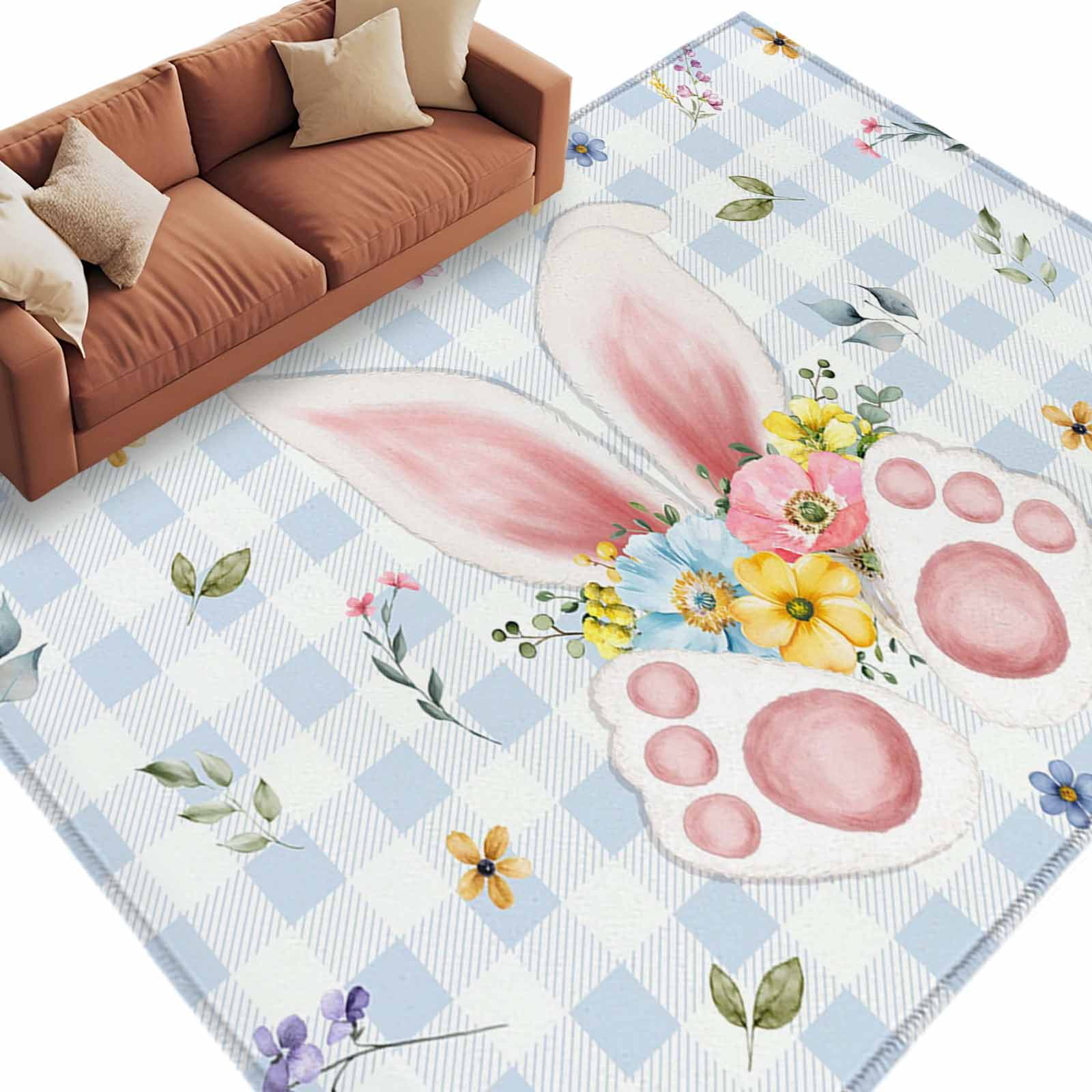 Easter Rabbit Washable Area Rug 8 x 10 ft Spring Bunny Ears Foot ...