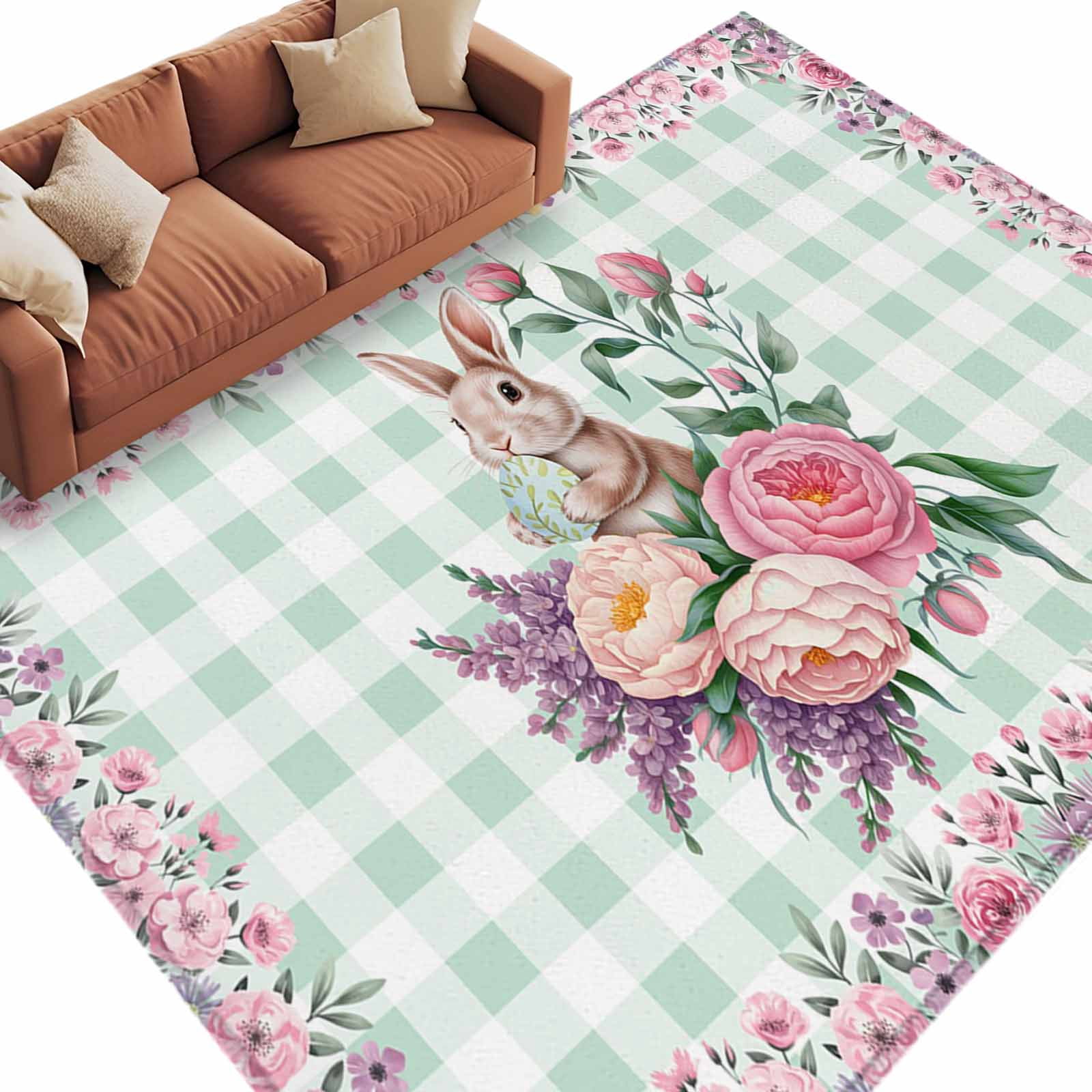 Pink Easter Rug Easter Rabbit Washable Area Rug 8 x 10 ft Spring Pink Purple Floral ...