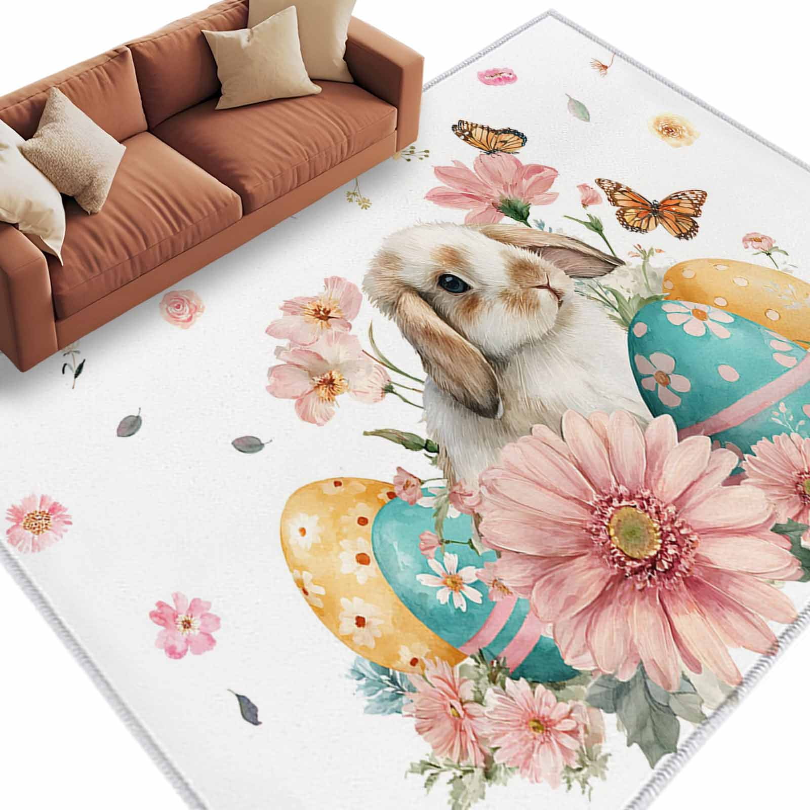 Easter Rabbit Washable Area Rug 8 x 10 ft Watercolor Bunny Eggs Pink ...