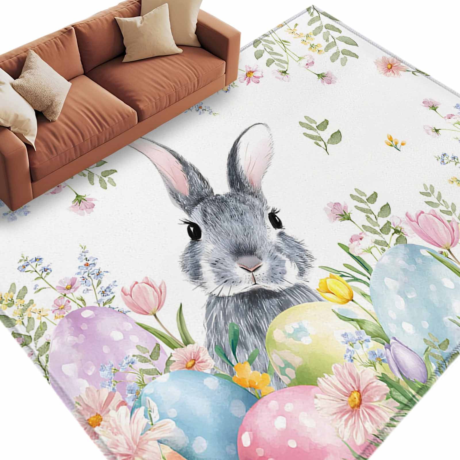 Easter Rabbit Washable Area Rug 8 x 10 ft Watercolor Floral Purple Blue ...