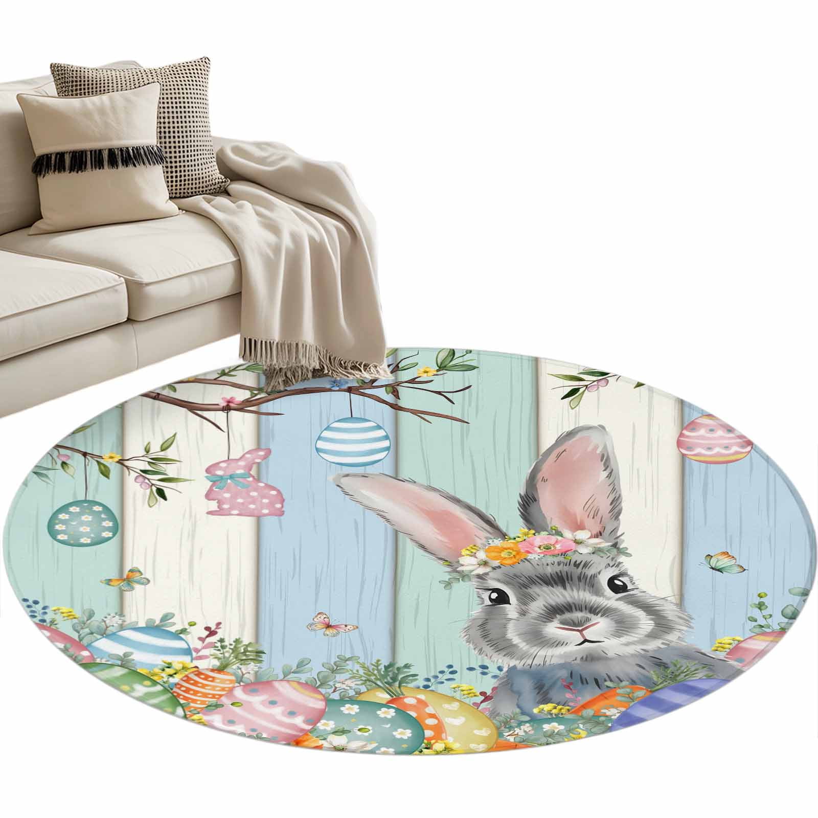 Easter Colors Rag Rug Easter Rabbit Washable Round Area Rug 3.3 ft, Spring Floral Eggs ...