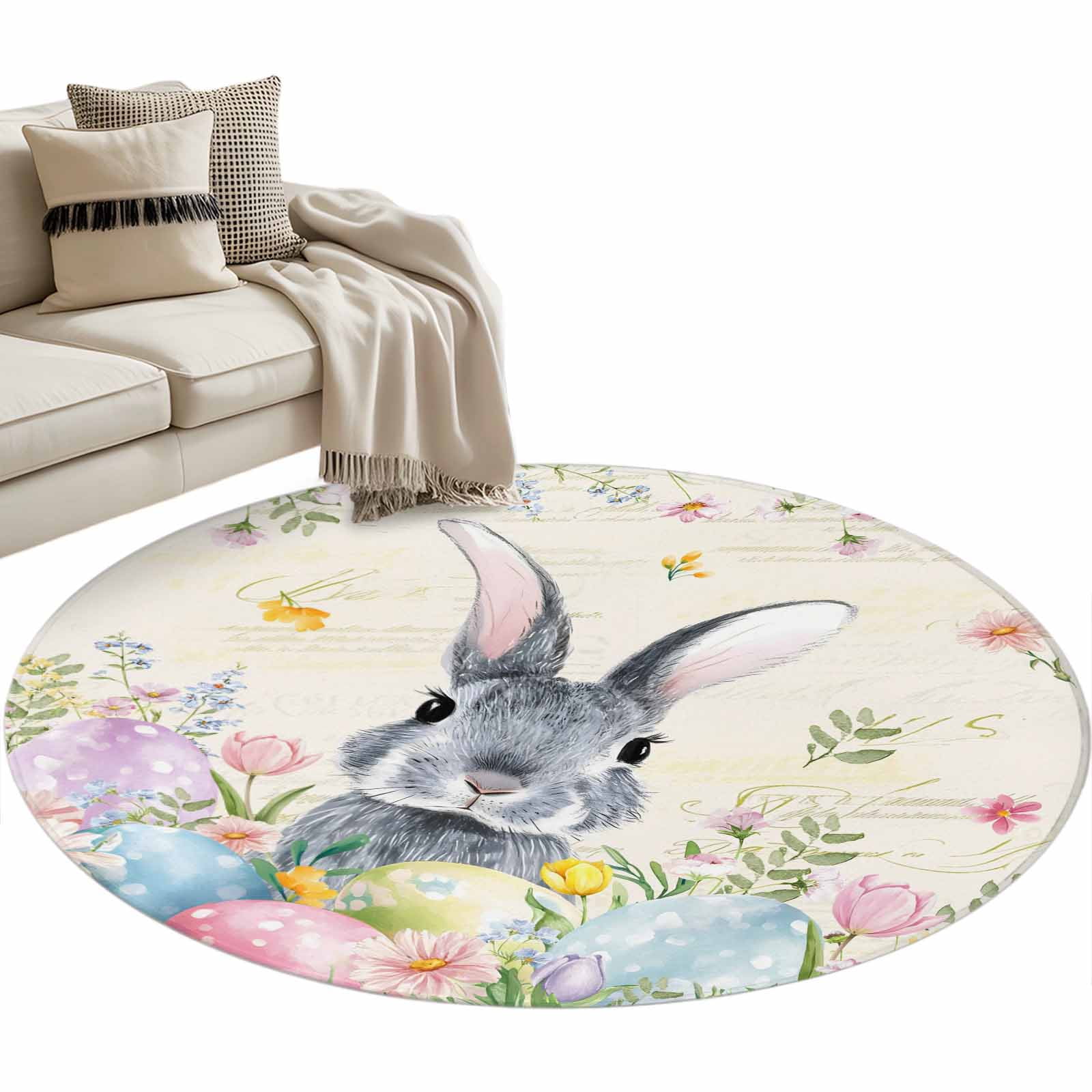 Easter Rabbit Washable Round Area Rug 4 ft, Watercolor Floral Colored ...
