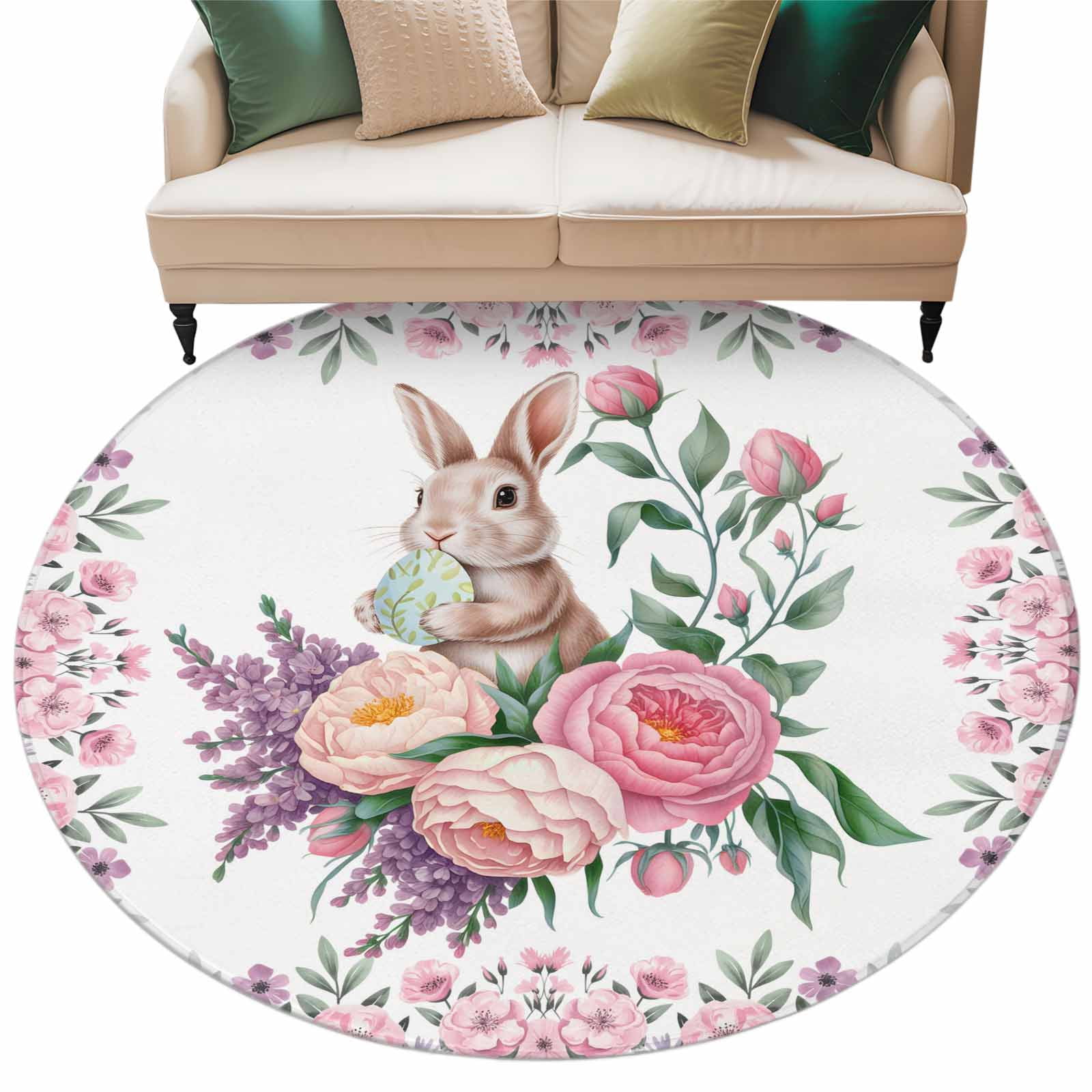Round Easter Rug Easter Rabbit Washable Round Area Rug 5 ft, Spring Pink Purple Floral ...