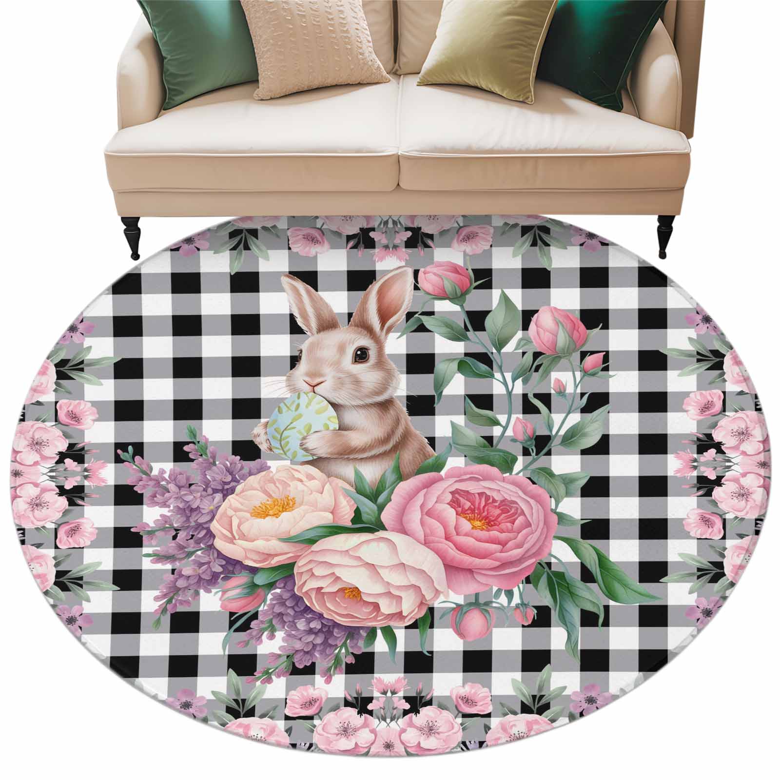 Round Easter Rug Easter Rabbit Washable Round Area Rug 6 ft, Spring Pink Purple Floral ...