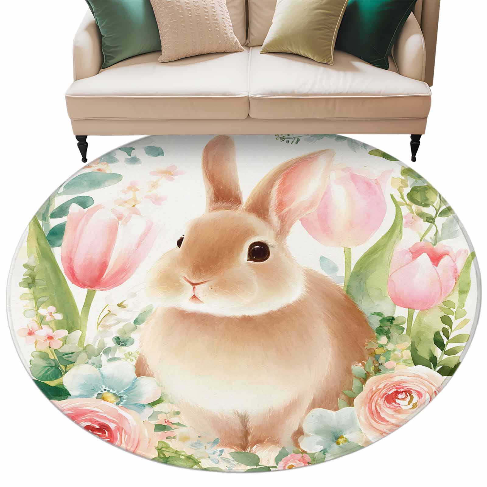 Round Easter Rug Easter Rabbit Washable Round Area Rug 8 ft, Watercolor Bunny Pink Roses ...