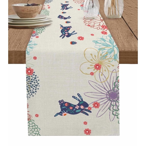Easter Rabbit Watercolor Flower Table Runners for Dining Room Coffee Home Decoration Tablecloth Table Cover