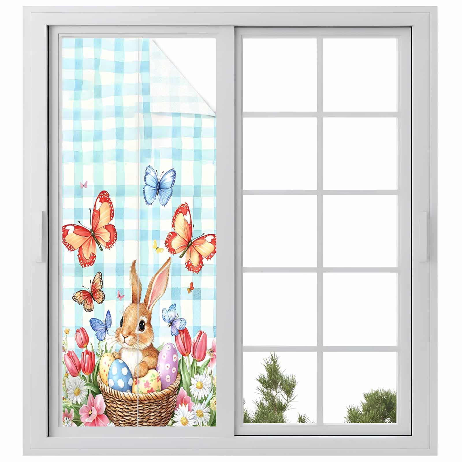 Easter Rabbit Window Privacy Film, Easter Egg Frosted Glass Window Clings Static Cling UV Heat Blocking Reusable Door Sticker for Bathroom 23.6 x 59 Inch