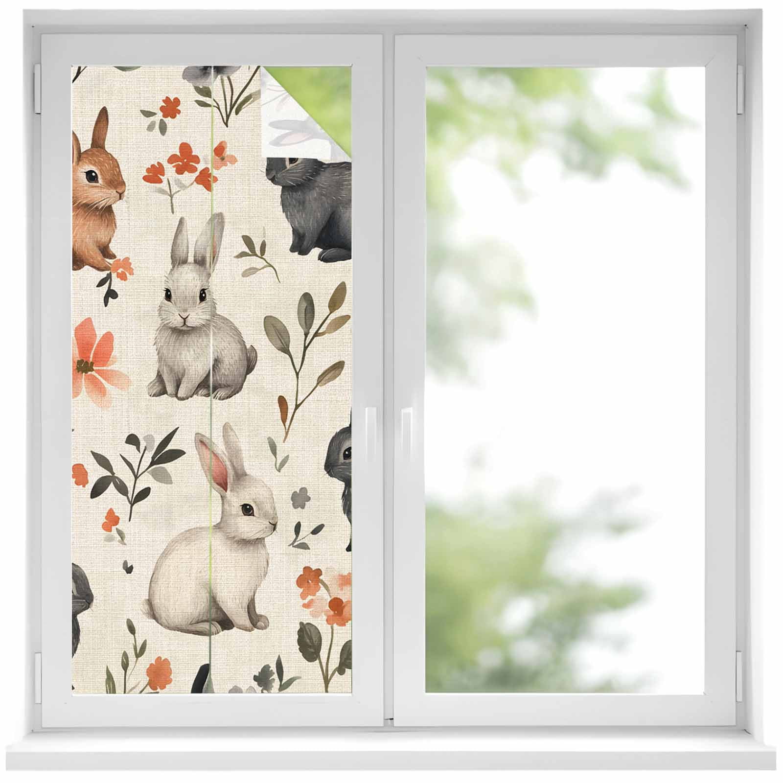 Easter Rabbit Window Privacy Film, Leaf Red Floral Frosted Glass Window ...