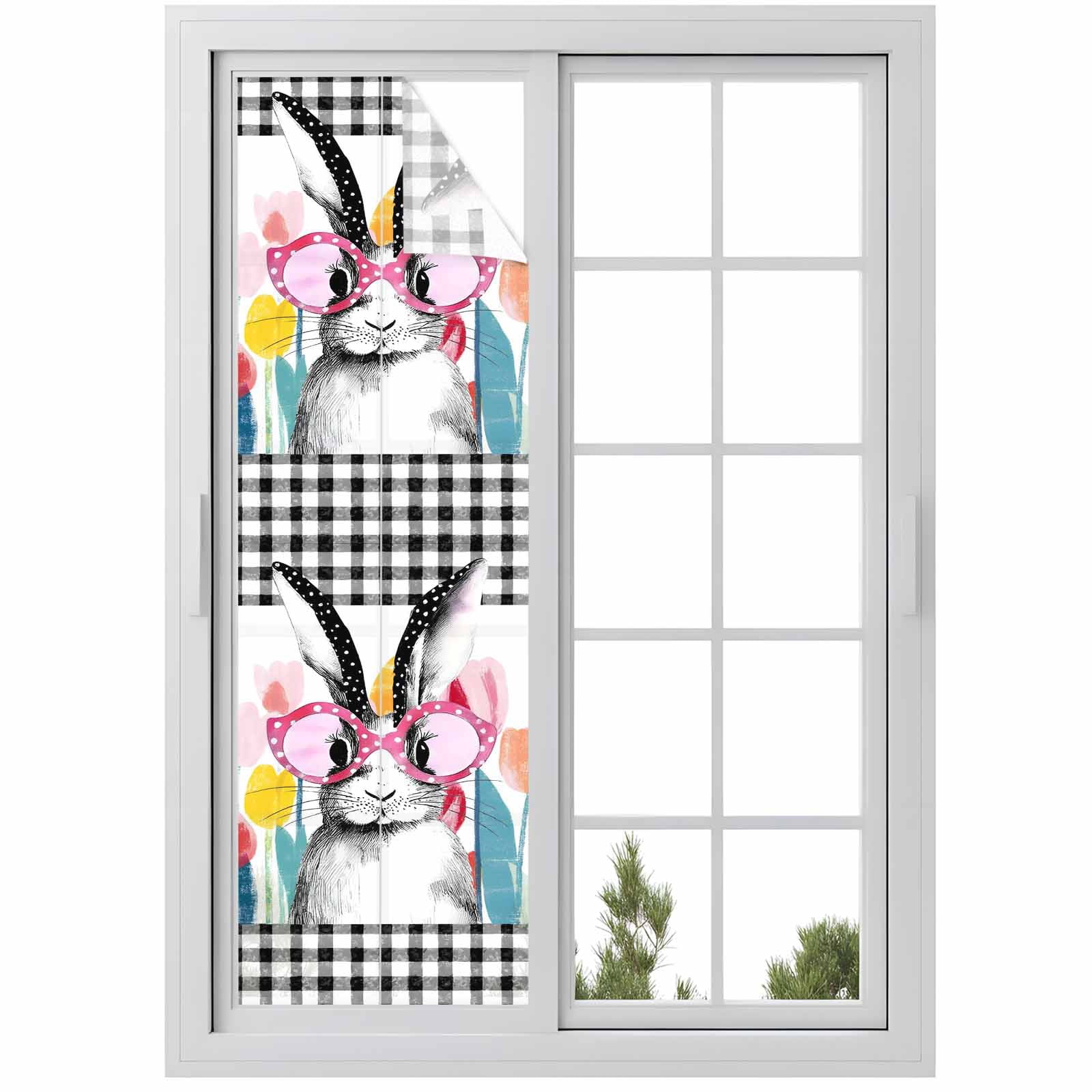 Easter Rabbit Window Privacy Film, Pink Glasses Bunny Floral Black ...
