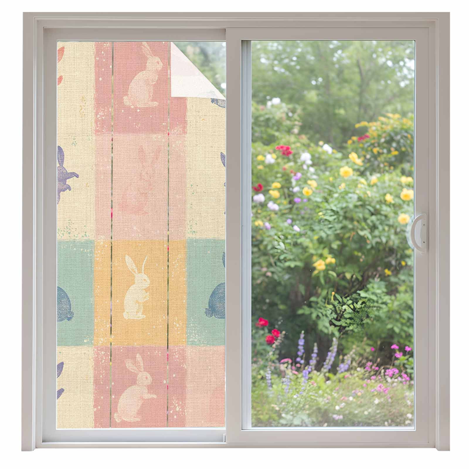 Easter Rabbit Window Privacy Film, Retro Watercolor Rabbit Frosted Glass Window Clings Static Cling UV Heat Blocking Reusable Door Sticker for Bathroom 35.4 x 78.7 Inch