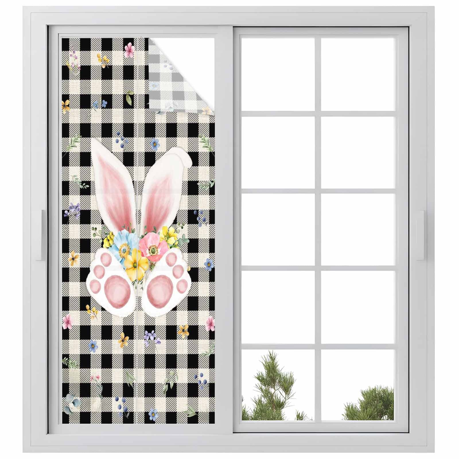 Easter Rabbit Window Privacy Film, Spring Bunny Ears Foot Floral Black White Plaid Frosted Glass Window Clings Static Cling UV Heat Blocking Reusable Door Sticker for Bathroom 23.6 x 59 Inch