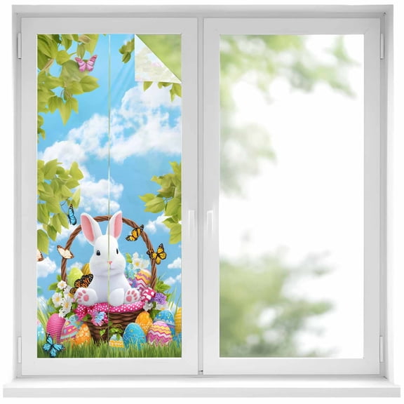 Easter Rabbit Window Privacy Film, Spring Bunny Eggs Butterfly Grass Tree Blue Sky Frosted Glass Window Clings Static Cling UV Heat Blocking Reusable Door Sticker for Bathroom 17.7 x 39.3 Inch