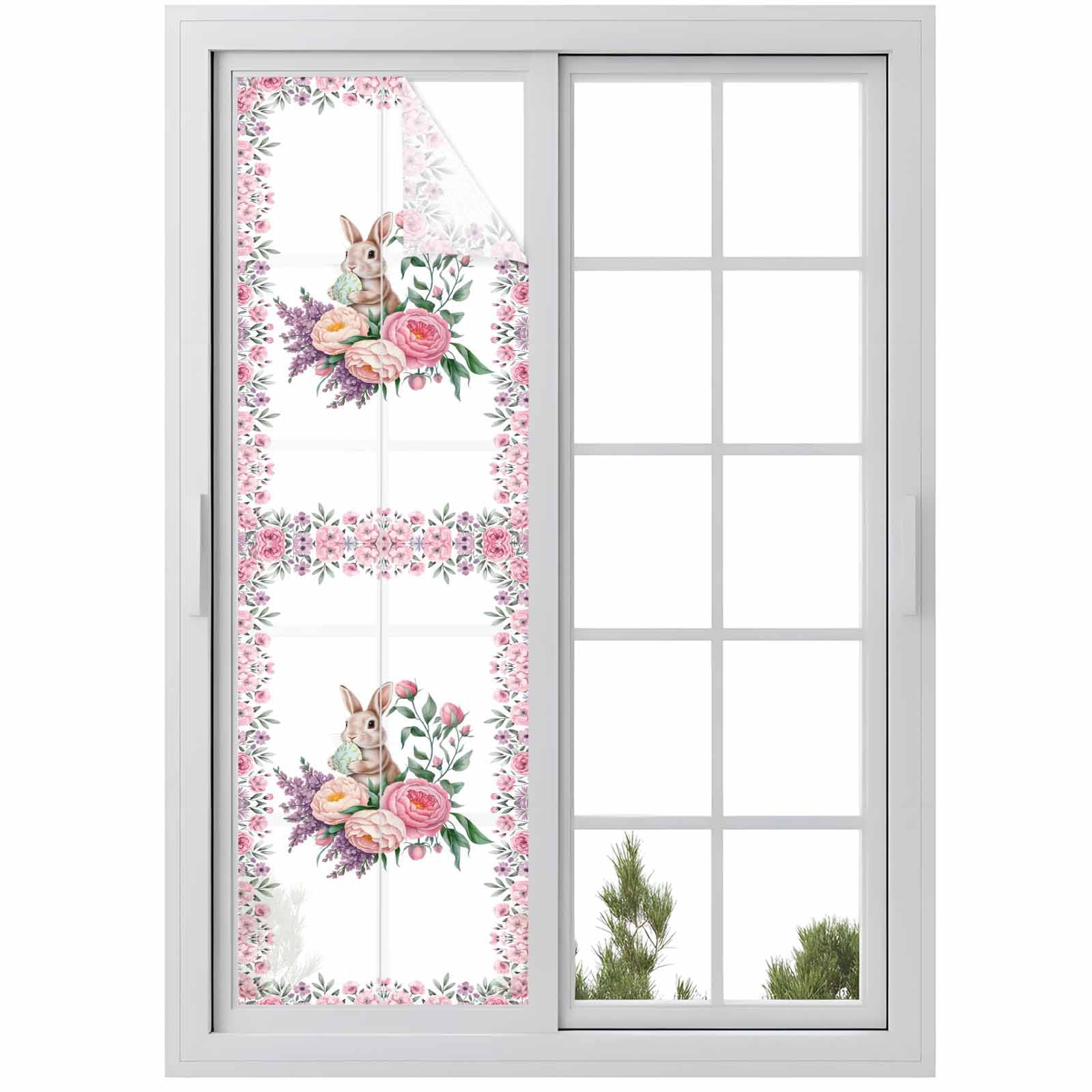 Easter Rabbit Window Privacy Film, Spring Pink Purple Floral Eggs Bunny Frosted Glass Window Clings Static Cling UV Heat Blocking Reusable Door Sticker for Bathroom 29.5 x 118 Inch