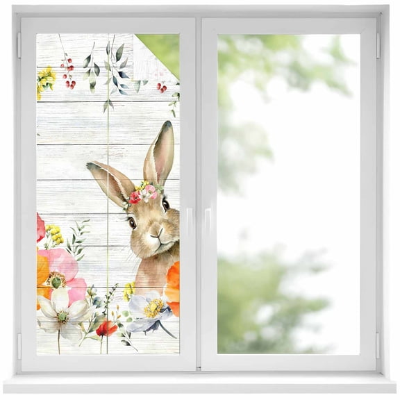 Easter Rabbit Window Privacy Film, Spring Red Orange Pink Floral Leaf Plant Wood Grain Frosted Glass Window Clings Static Cling UV Heat Blocking Reusable Door Sticker for Bathroom 17.7 x 39.3 Inch