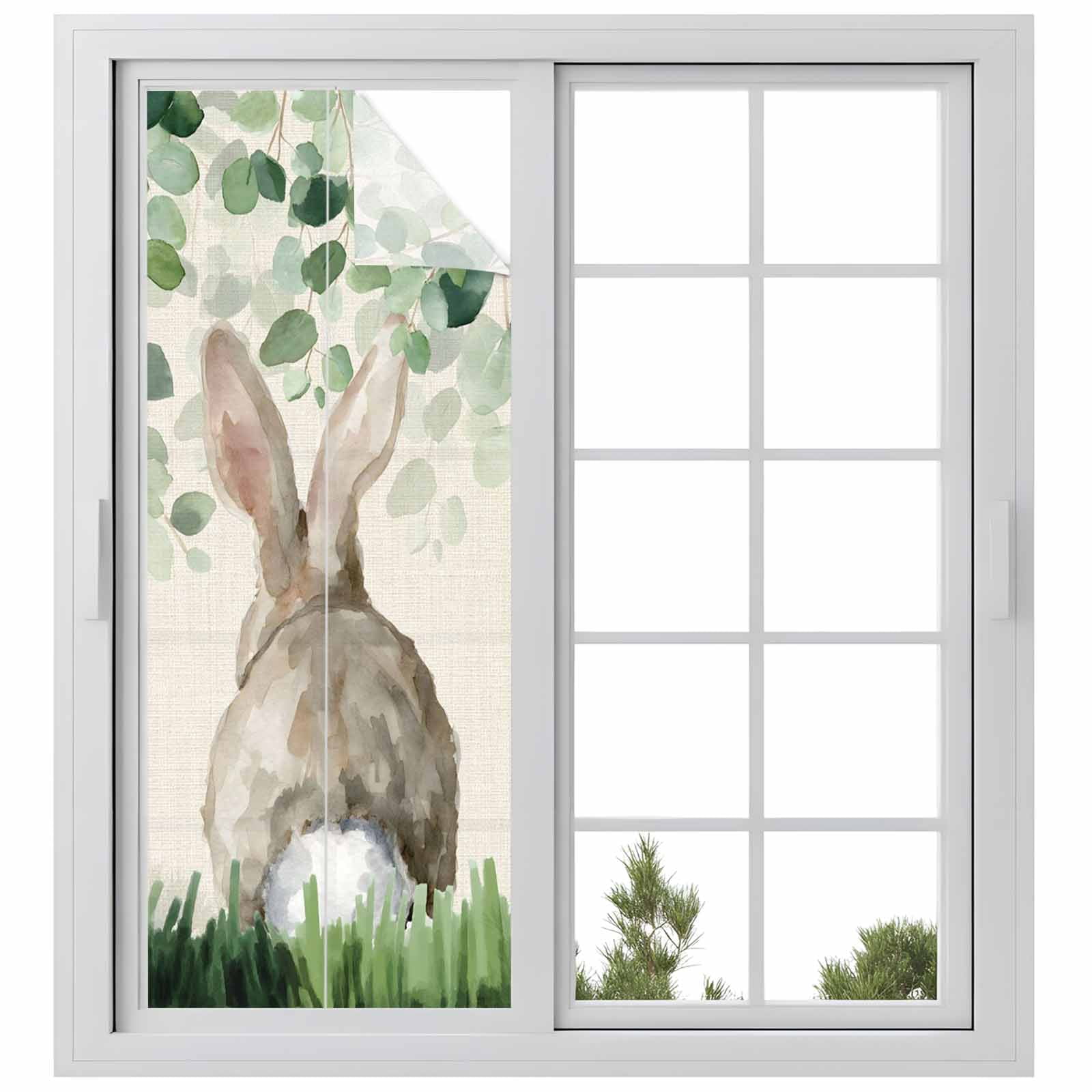 Easter Rabbit Window Privacy Film, Spring Watercolor Bunny Leaf Grass ...