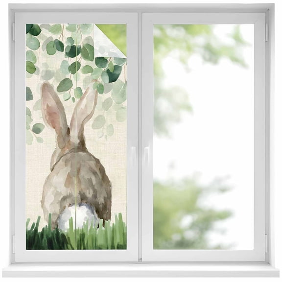 Easter Rabbit Window Privacy Film, Spring Watercolor Bunny Leaf Grass Linen Texture Frosted Glass Window Clings Static Cling UV Heat Blocking Reusable Door Sticker for Bathroom 17.7 x 39.3 Inch