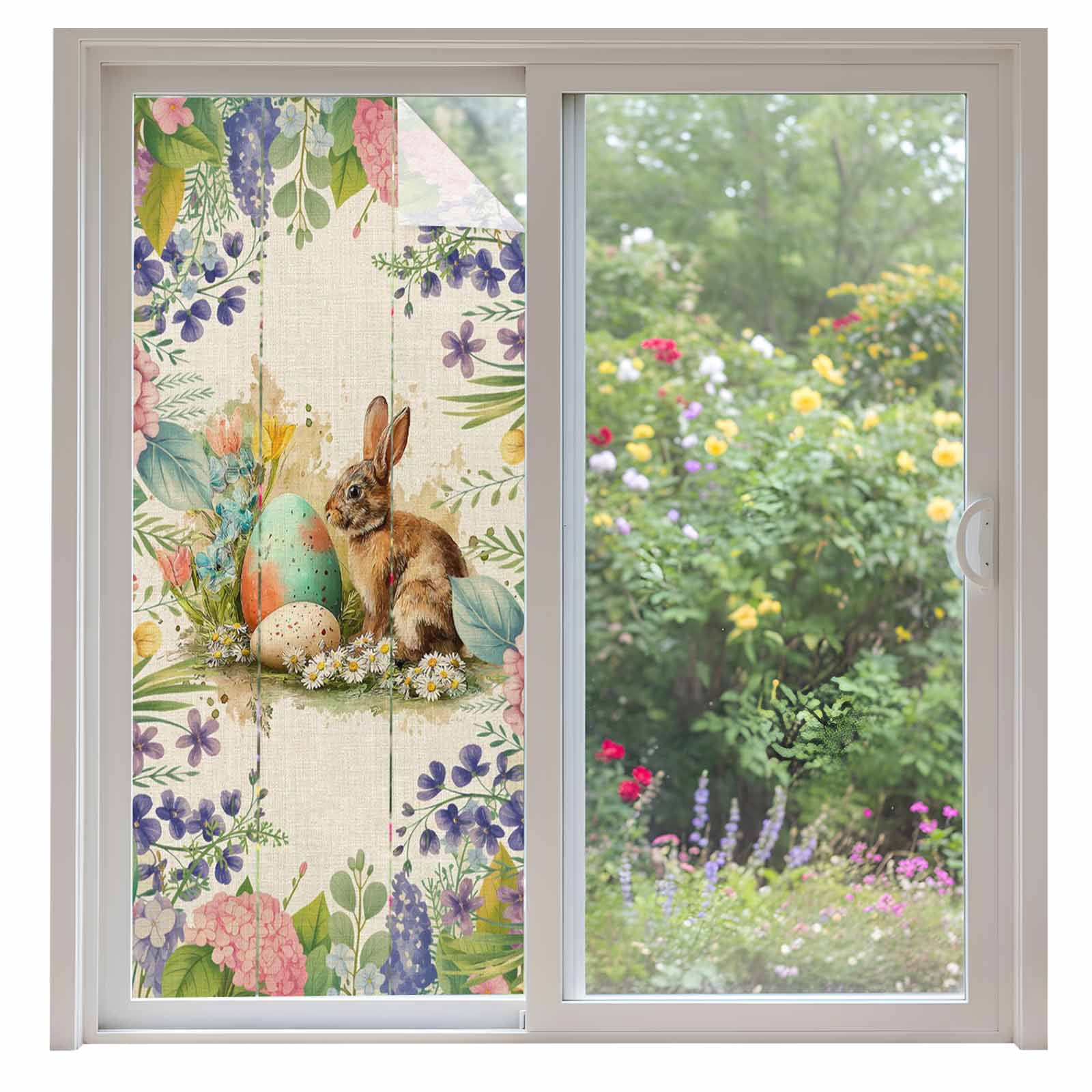 Easter Rabbit Window Privacy Film, Vintage Spring Floral Leaf Bunny ...