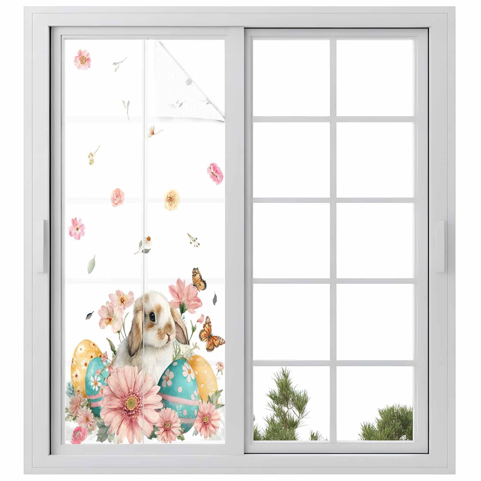 Easter Rabbit Window Privacy Film, Watercolor Bunny Eggs Pink Floral Butterfly Frosted Glass Window Clings Static Cling UV Heat Blocking Reusable Door Sticker for Bathroom 23.6 x 59 Inch