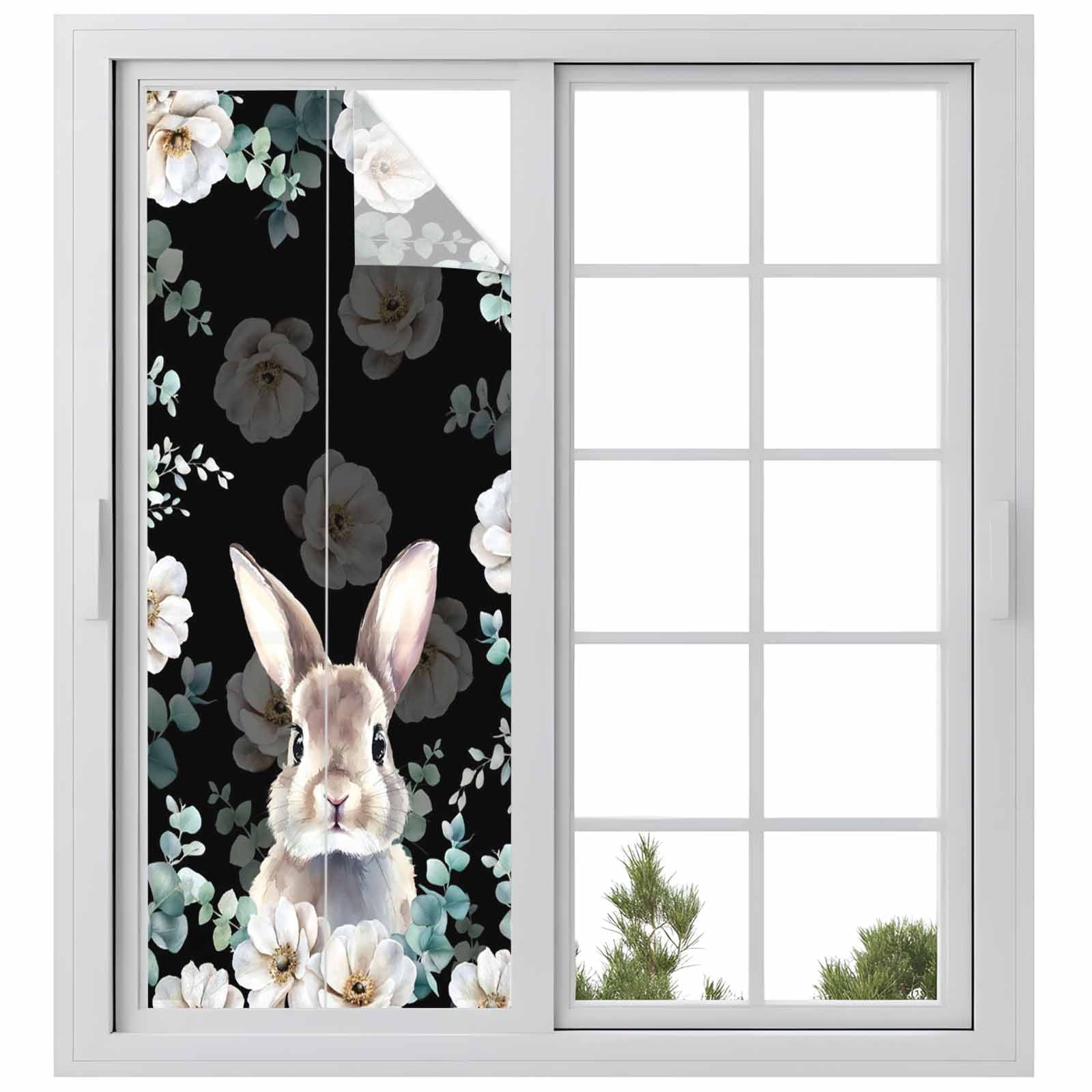Easter Rabbit Window Privacy Film, Watercolor Bunny White Floral Leaf Black Background Frosted Glass Window Clings Static Cling UV Heat Blocking Reusable Door Sticker for Bathroom 23.6 x 59 Inch