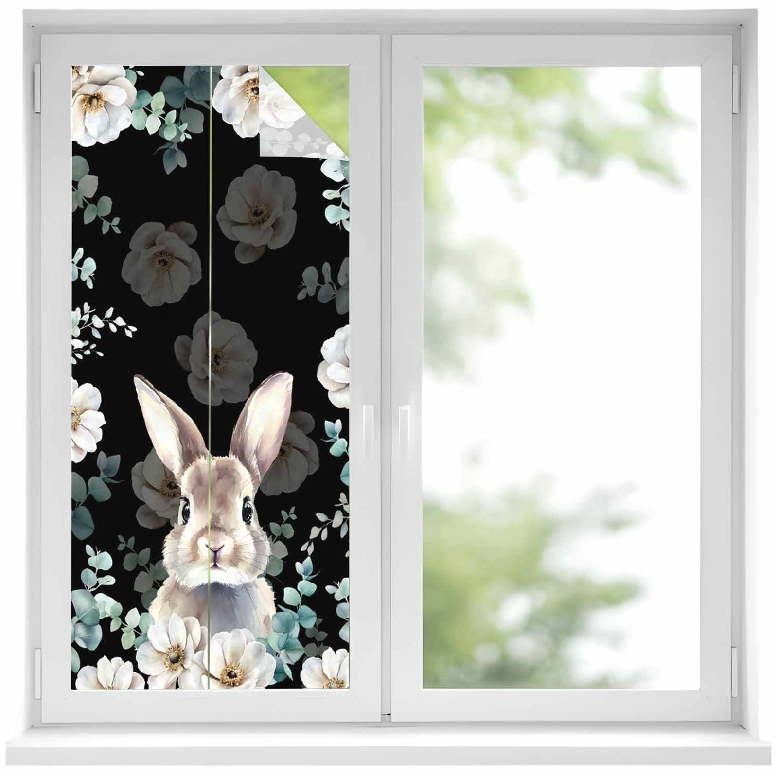 Easter Rabbit Window Privacy Film, Watercolor Bunny White Floral Leaf ...