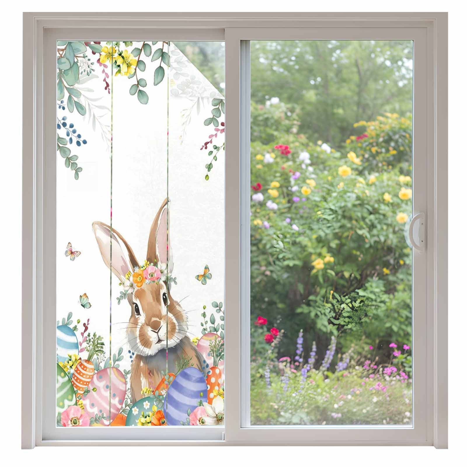 Easter Rabbit Window Privacy Film, Watercolor Floral Bunny Colored Eggs Leaf Frosted Glass Window Clings Static Cling UV Heat Blocking Reusable Door Sticker for Bathroom 35.4 x 78.7 Inch
