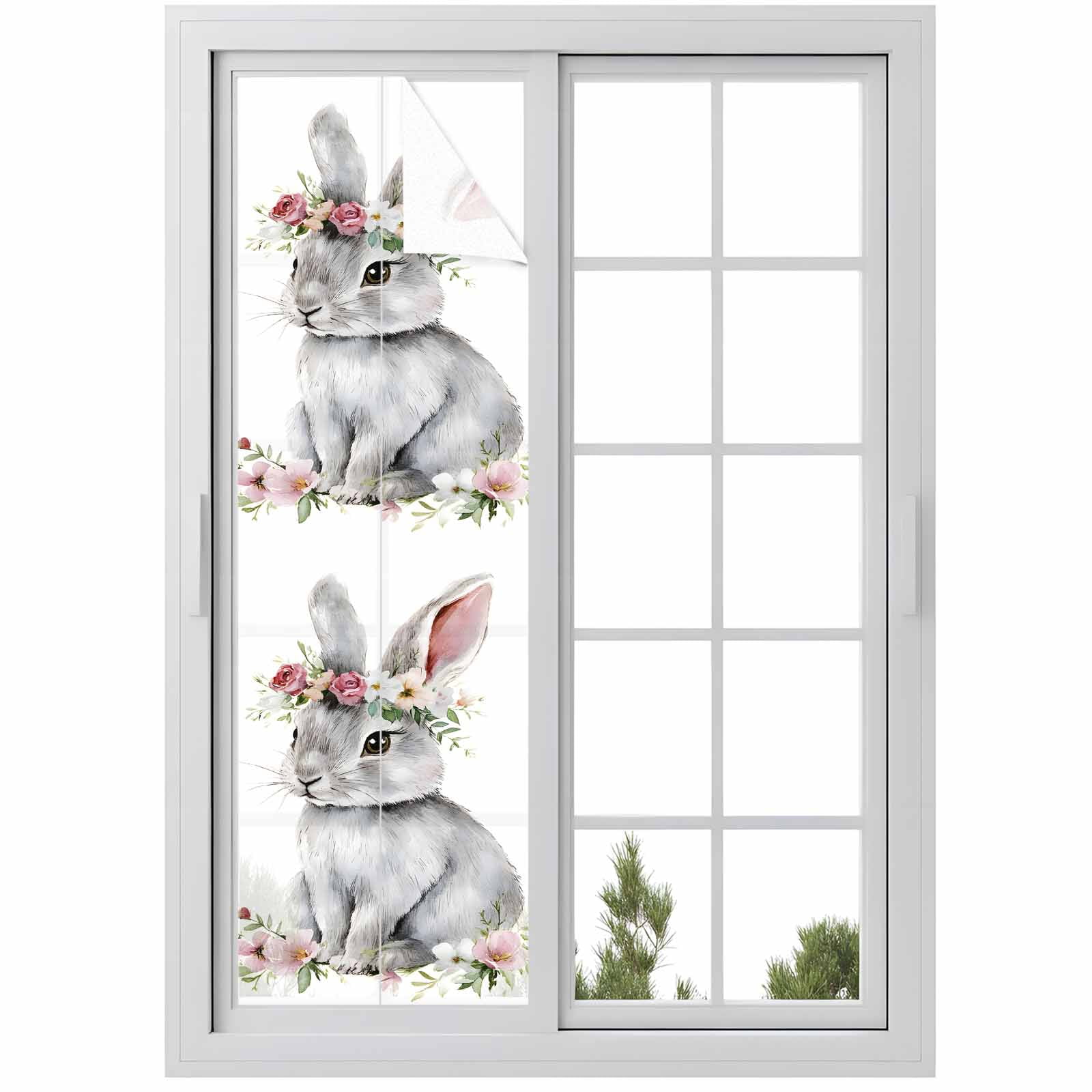 Easter Rabbit Window Privacy Film, Watercolor Grey Wreath Bunny Spring Pink White Floral Leaf Frosted Glass Window Clings Static Cling UV Heat Blocking Reusable Sticker for Bedroom 23.6x78.7 Inch