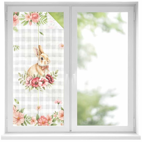 Easter Rabbit Window Privacy Film, Watercolor Spring Pink Red Gradient Floral Grey Plaid Frosted Glass Window Clings Static Cling UV Heat Blocking Reusable Door Sticker for Bathroom 17.7 x 39.3 Inch
