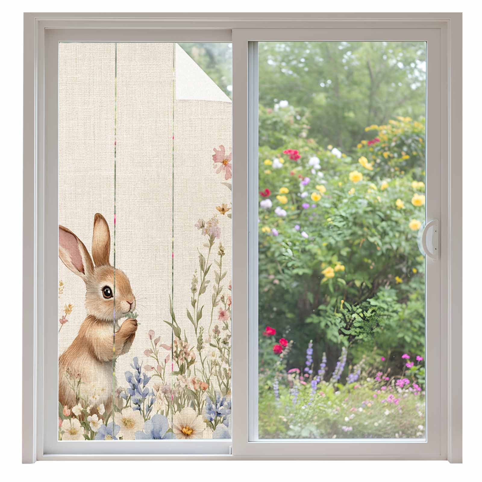 Easter Rabbit Window Privacy Film, Yellow Bunny Spring Colorful Floral Leaf Linen Texture Frosted Glass Window Clings Static Cling Heat Blocking Reusable Door Sticker for Bedroom 35.4x78.7 Inch