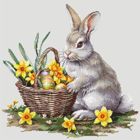Easter Rabbit Yellow Daffodils Basket DIY 11CT Stamped Cross Stitch Kits for Beginners Easy Needlepoint Embroidery Counted Cross Stitch Art Craft for Wall Decoration 14x14inch(1)