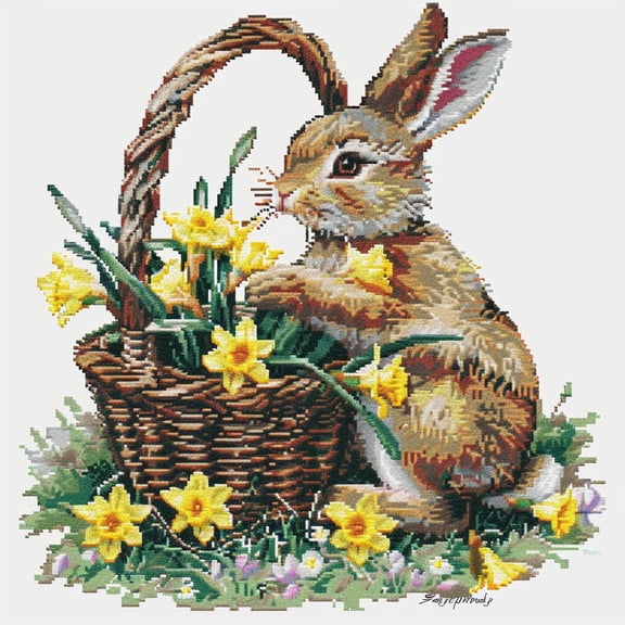 Easter Rabbit Yellow Daffodils Basket DIY 11CT Stamped Cross Stitch Kits for Beginners Easy Needlepoint Embroidery Counted Cross Stitch Art Craft for Wall Decoration 14x14inch(7)