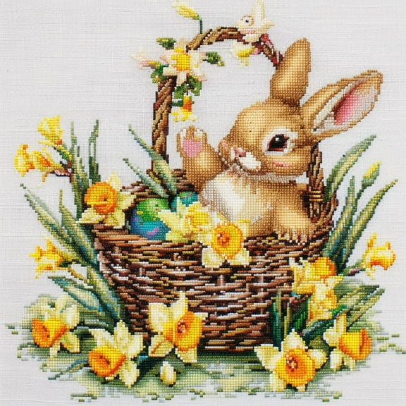 Easter Rabbit Yellow Daffodils Basket DIY 11CT Stamped Cross Stitch Kits for Beginners Easy Needlepoint Embroidery Counted Cross Stitch Art Craft for Wall Decoration 14x14inch(8)