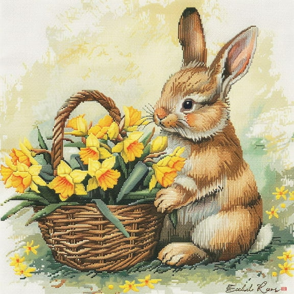 Easter Rabbit Yellow Daffodils Basket DIY 11CT Stamped Cross Stitch Kits for Beginners Easy Needlepoint Embroidery Counted Cross Stitch Art Craft for Wall Decoration 14x14inch(5)