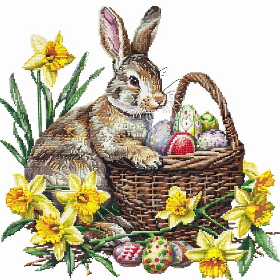 Easter Rabbit Yellow Daffodils Basket DIY 11CT Stamped Cross Stitch Kits for Beginners Easy Needlepoint Embroidery Counted Cross Stitch Art Craft for Wall Decoration 14x14inch(4)