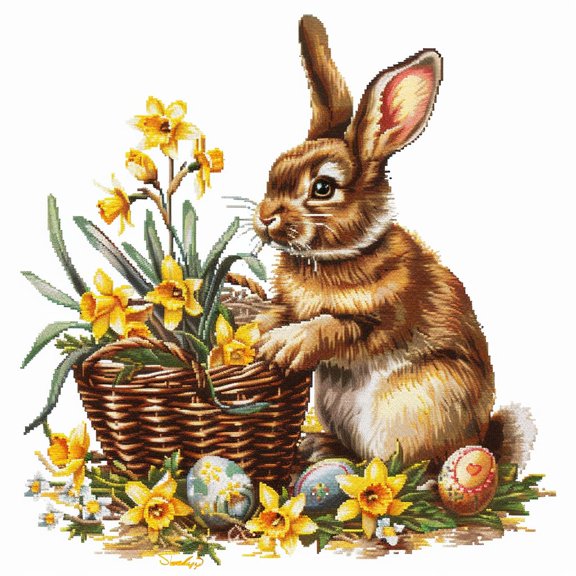 Easter Rabbit Yellow Daffodils Basket DIY 11CT Stamped Cross Stitch Kits for Beginners Easy Needlepoint Embroidery Counted Cross Stitch Art Craft for Wall Decoration 14x14inch(2)