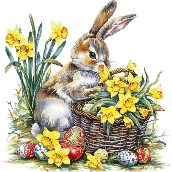 Easter Rabbit Yellow Daffodils Basket DIY 11CT Stamped Cross Stitch Kits for Beginners Easy Needlepoint Embroidery Counted Cross Stitch Art Craft for Wall Decoration 14x14inch(3)