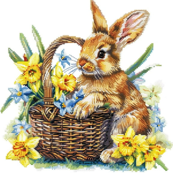 Easter Rabbit Yellow Daffodils Basket DIY 11CT Stamped Cross Stitch Kits for Beginners Easy Needlepoint Embroidery Counted Cross Stitch Art Craft for Wall Decoration 14x14inch(6)