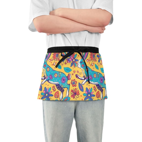 Easter Rabbit and Flowers Server Apron with 3 Pockets Waterproof Waitress Waist Short Apron for Man Woman 12 Inches