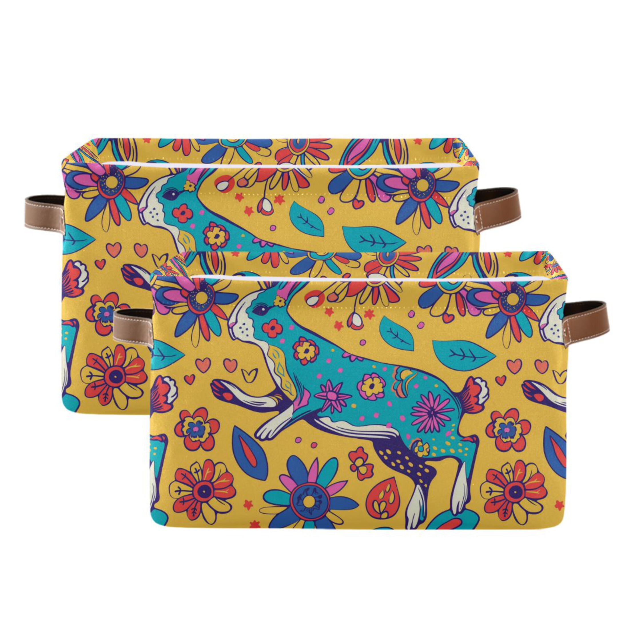 Easter Rabbit and Flowers Storage Bins with Handle Fabric Organizer Basket Foldable Box 2 Pack 14.2x10.2x8.3
