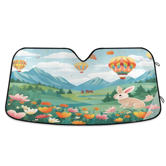 Easter Rabbit and Hot Air Balloon Car Windshield Sun Shade Foldable Car Front Window Visor Heat and UV Protection 55x27.6