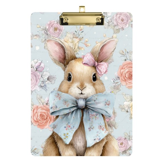 Easter Rabbit with Bows Flower Background Acrylic Clipboard Drawing Board with Hook Writing Pad File Storage A4 Size Gold 12.5" x 9"