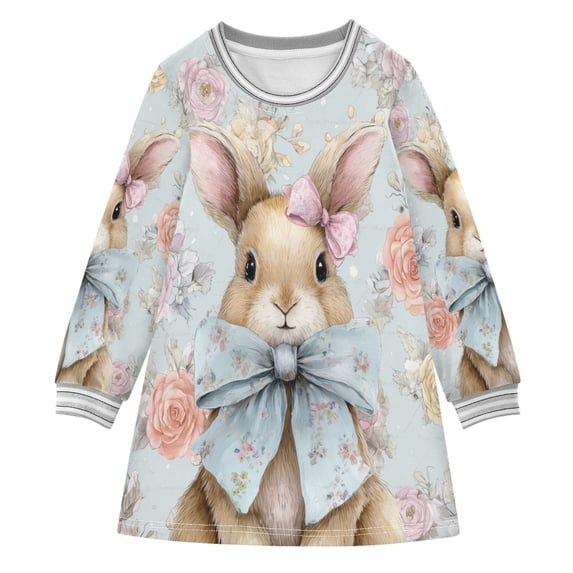 Easter Rabbit with Bows Flower Background Girl's Long-sleeved Dress A ...