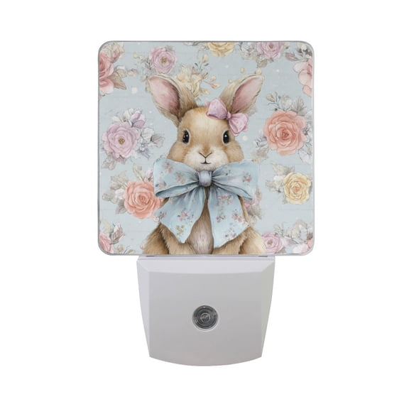 Easter Rabbit with Bows Flower Background LED Night Light Sensor Lamp Plug-in Adjustable Brightness 2 Pack