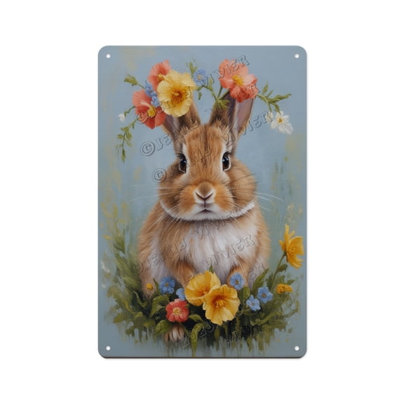 Easter Rabbit with Tulips Aluminum Sign 8x12 Inches - Metal Dining Room Decor for Holiday Brunch Parties