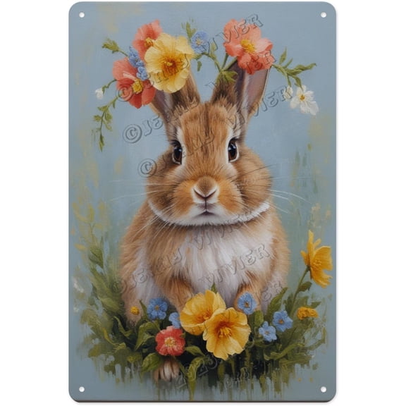 Easter Rabbit with Tulips Aluminum Sign 8x12 Inches - Metal Dining Room Decor for Holiday Brunch Parties