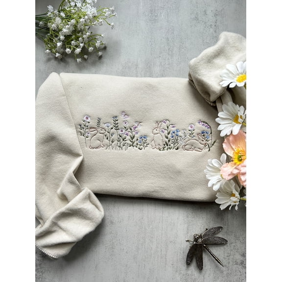 Easter Rabbits And Flowers Embroidered Sweatshirt