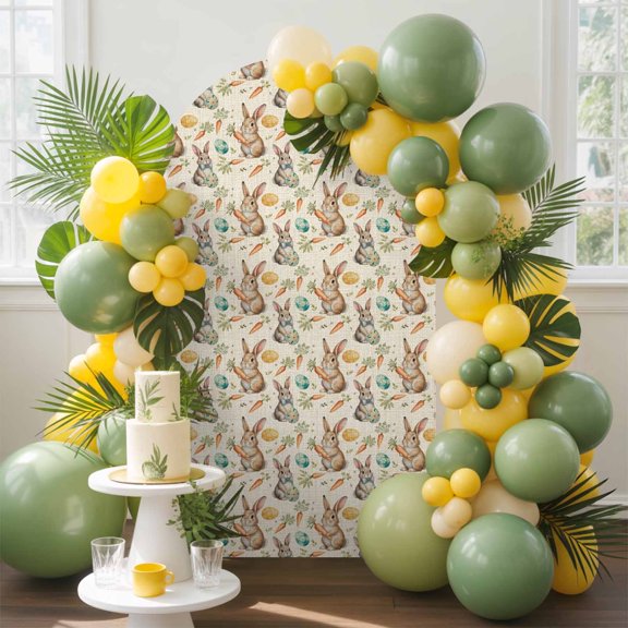 Easter Rabbits Arch Backdrop Cover, 5FT, Watercolor Spring Eggs Carrots Bunny Linen Texture Spandex Arch Covers Double-Sided Backdrop for Wedding Birthday Party Photo Background Decoration