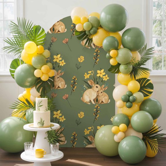 Easter Rabbits Arch Backdrop Cover, 6FT, Spring Watercolor Floral Bunny Dark Green Background Spandex Arch Covers Double-Sided Backdrop for Wedding Birthday Party Photo Background Decoration