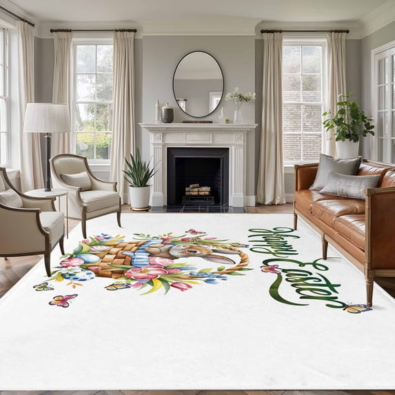 Easter Rabbits Area Rug 5x7 Washable Rug Non Slip Watercolor Flowers Eggs Cute Bunny Butterflies Large Area Rug Soft Stainresistant Indoor Floor Carpet for Living Room Bedroom Home Office Dining Room