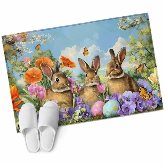Easter Rabbits Area Rugs 2x3ft Watercolor Spring Eggs Floral Blue Sky Grass Floor Mat Non Slip Low Pile Ultra Soft Small Throw Carpet for Entryway Indoor Entrance Kitchen